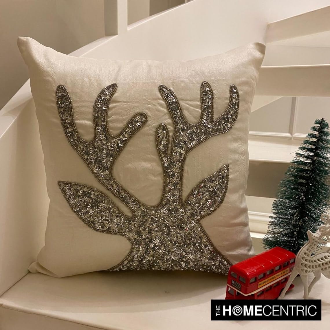 Almohadas navideñas navideñas Decorativo Blanco y Plata Fundas de colchón, 60 x 60 cm Seda Cojin Navidad decorativa Funda de almohada, Cabeza de reno Moderno Fundas de colchón - Sequined Antlers