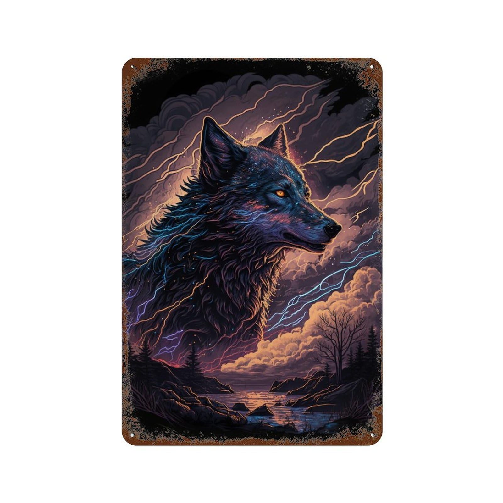 Electric Wolf Fantasy Art Print 11.8"x7.9" Rustic Tin Plaque, Retro Wall Decor for Garage, Bar And Workshop Decor