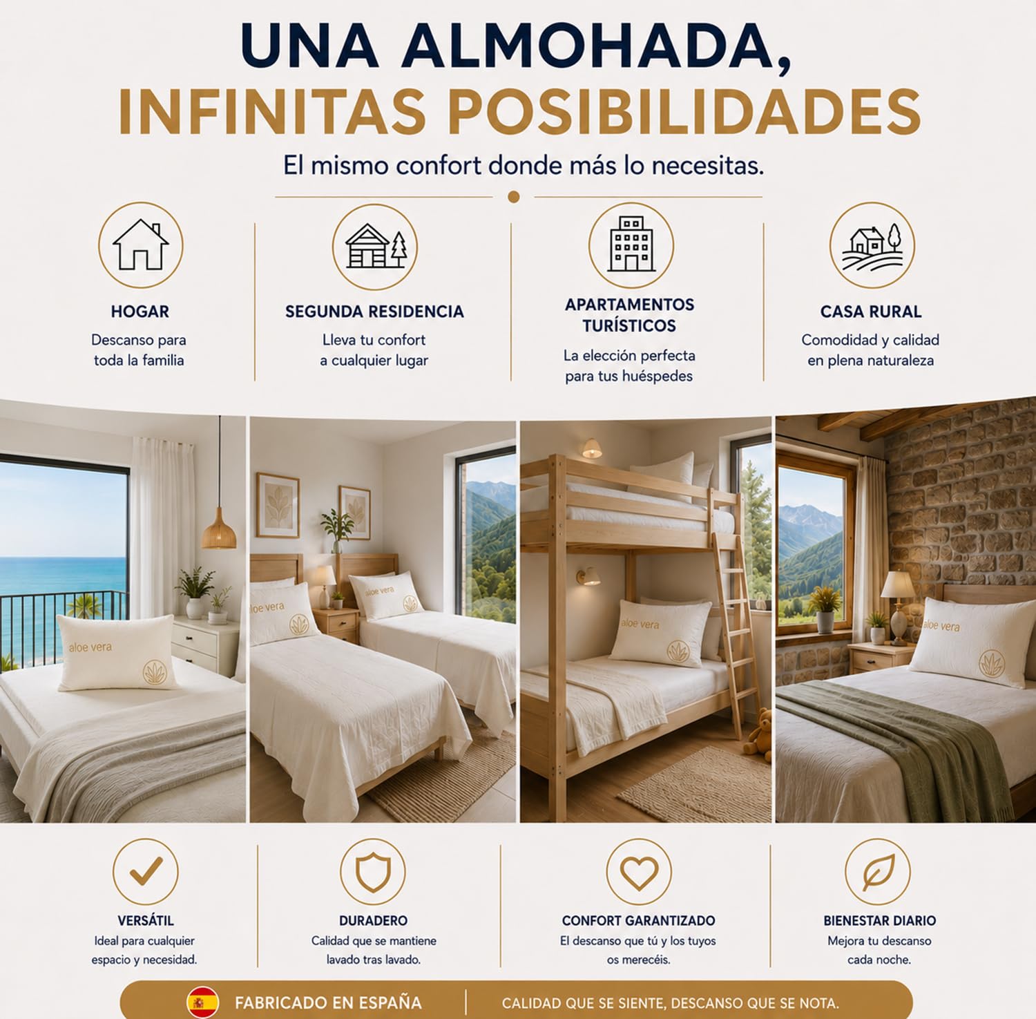 Almohada Viscoelastica Pack 4 Almohadas 60x40 Aloe Vera Desenfundables | Viscoelástica, Pack de 4 Unidades, 60x40 cm, Aloe Vera, Funda, para Dormir