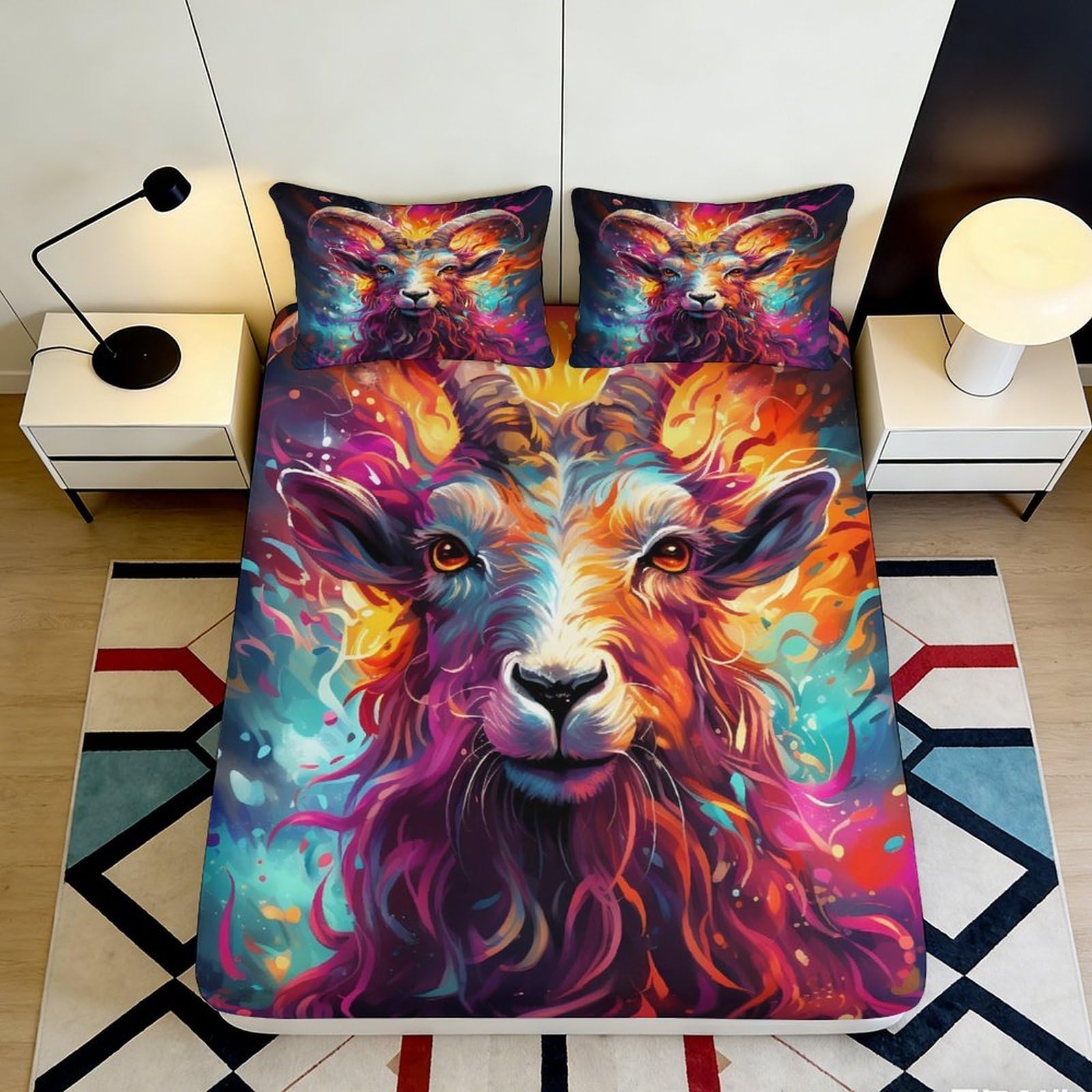3D Printed Colorful Ram Fitted Sheet Microfiber Soft Vibrant Animal Mattress Cover for Bedroom Dorm Decor 90x200x25cm