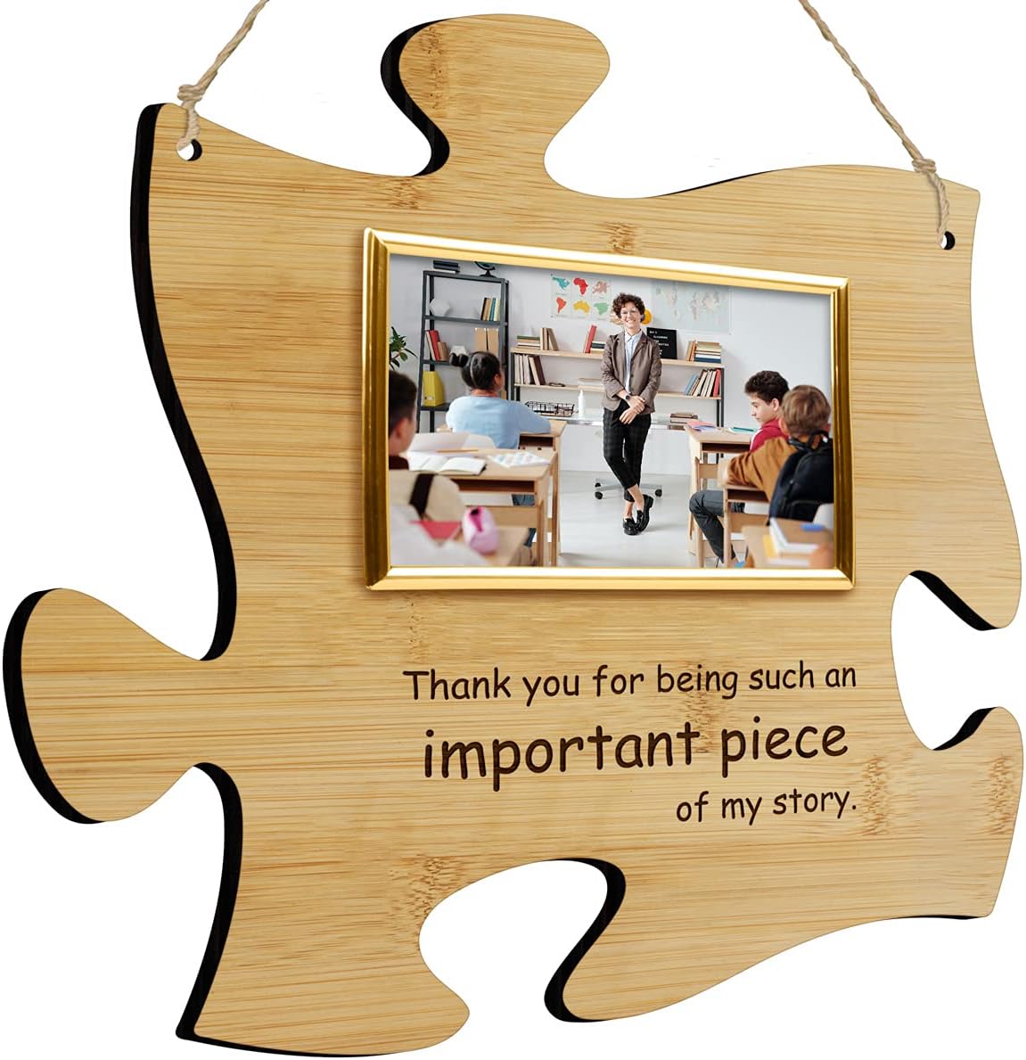 PlaqueMaker Thank You For Being A Piece Of My Story - Hanging Modern Acrylic Puzzle Piece Sign with 6 x 4 Picture Frame - A Great Teacher, Mentor, Or Leader Gift (Clear Acrylic with Silver Frame)
