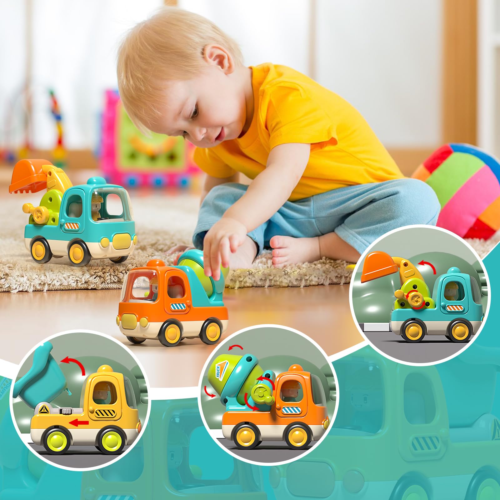 Juguetes para bebés de 1, 2, 3 años, construcción accionada por fricción, paquete de 3 vehículos de fricción, excavadora, mezclador de cemento, luces de camión y juguetes de musia, regalos de 6