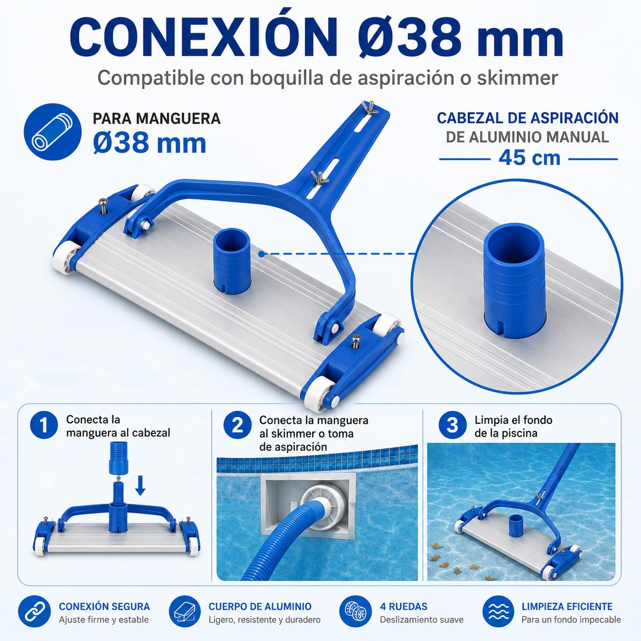 Limpiafondos de aluminio para piscina - Fijación palomilla - Cepillos de nylon - 4 ruedas - 45 cm Dpool