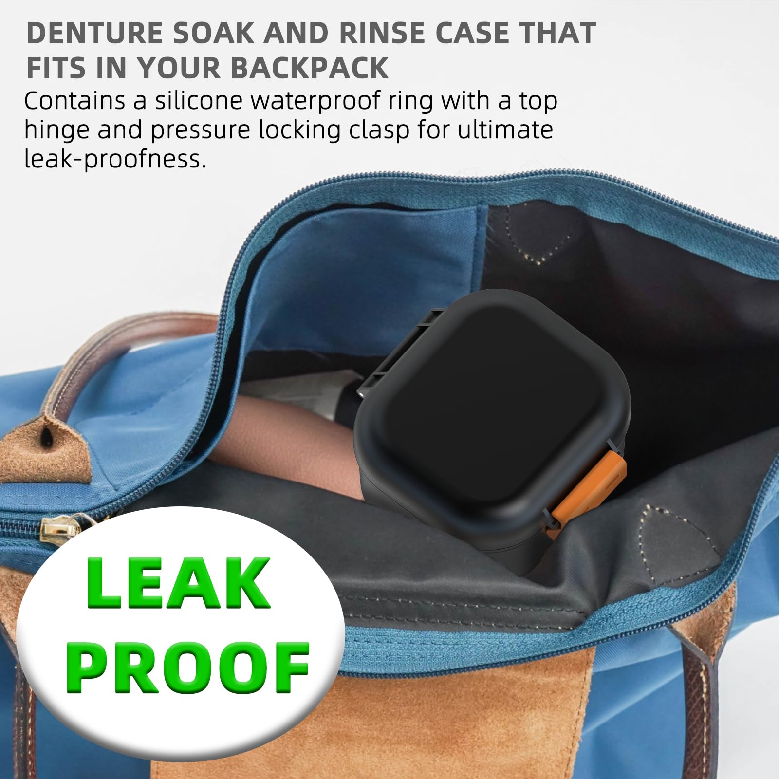 ARGOMAX Boîte de prothèse anti-fuite, boîte à prothèses dentaires portable avec tamis, pour prothèses dentaires et appareils dentaires (noir + orange).