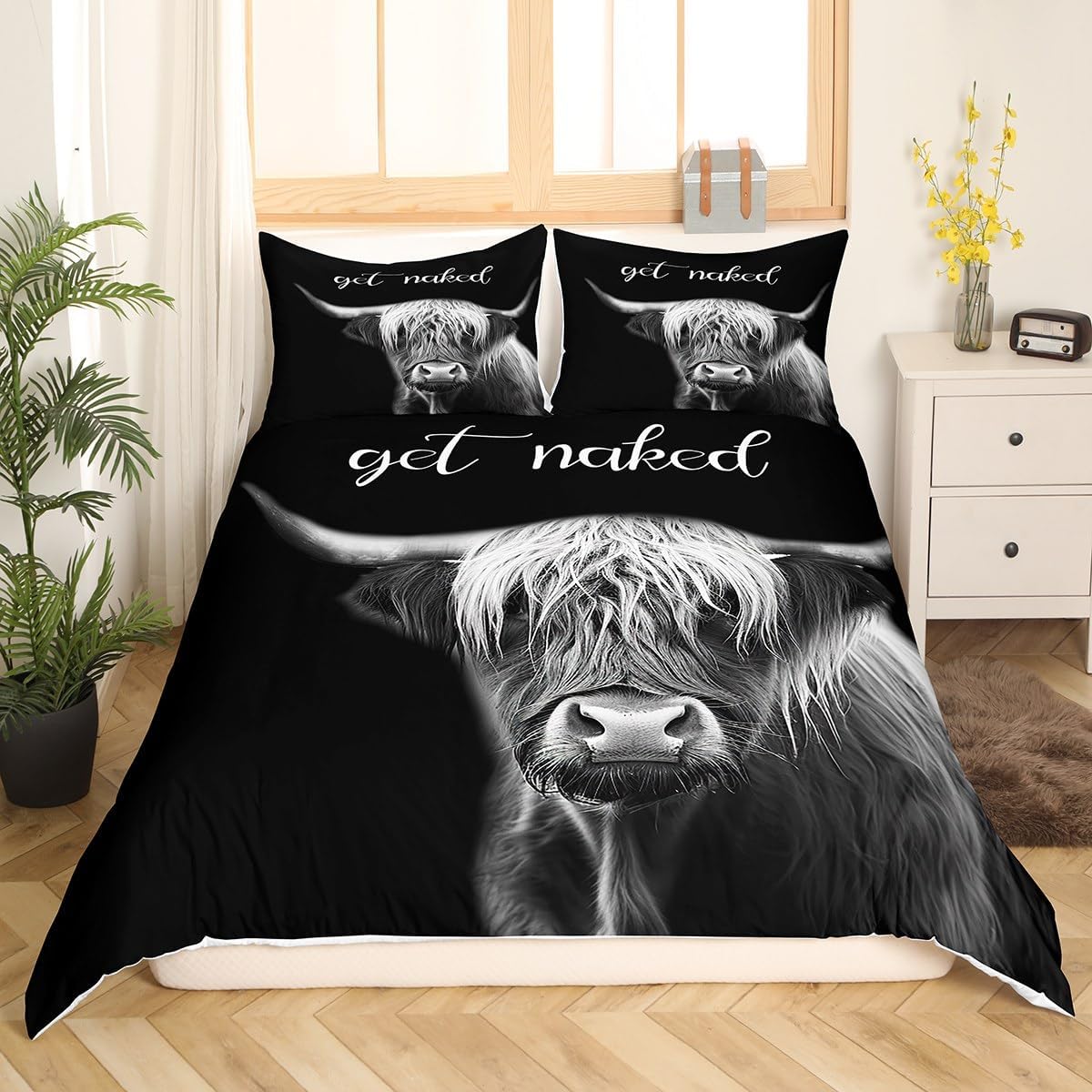 Cute Highland Cow Duvet Cover Set Queen Size,Funny Get Naked Quotes Bedding Set 3Pcs,Kids Teens Women Men Room Decor,Rustic Farm Animals Comforter Cover Modern Black Grey Quilt Cover,2 Pillowcases