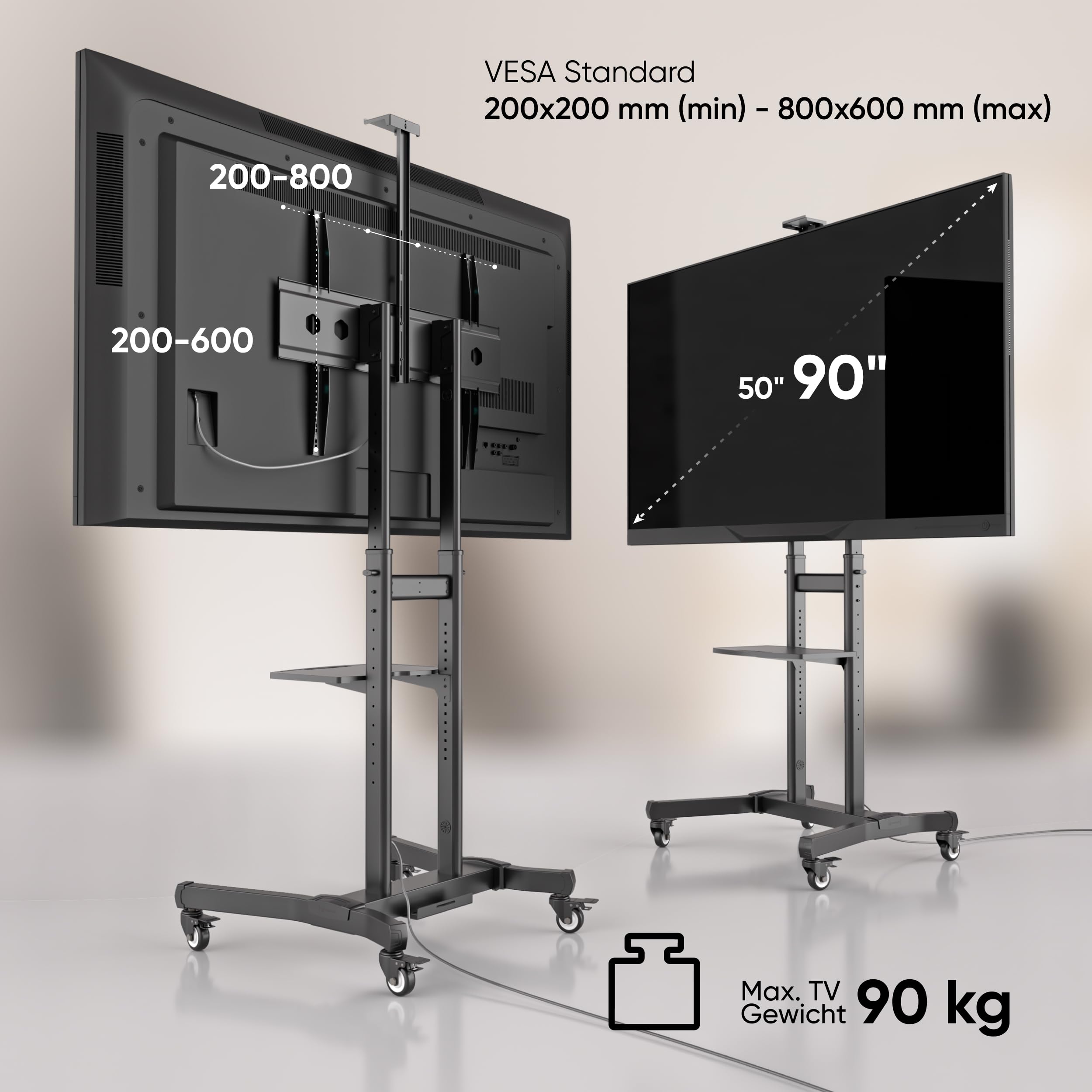 ONKRON TV Ständer rollbar für 50-90 Zoll Fernseher, max Last 100 kg, TV Standfuss höhenverstellbar neigbar, Fernseh Rollwagen max VESA 800x600, Fernsehständer mit Rollen, Ablage Schwarz TS1891-B