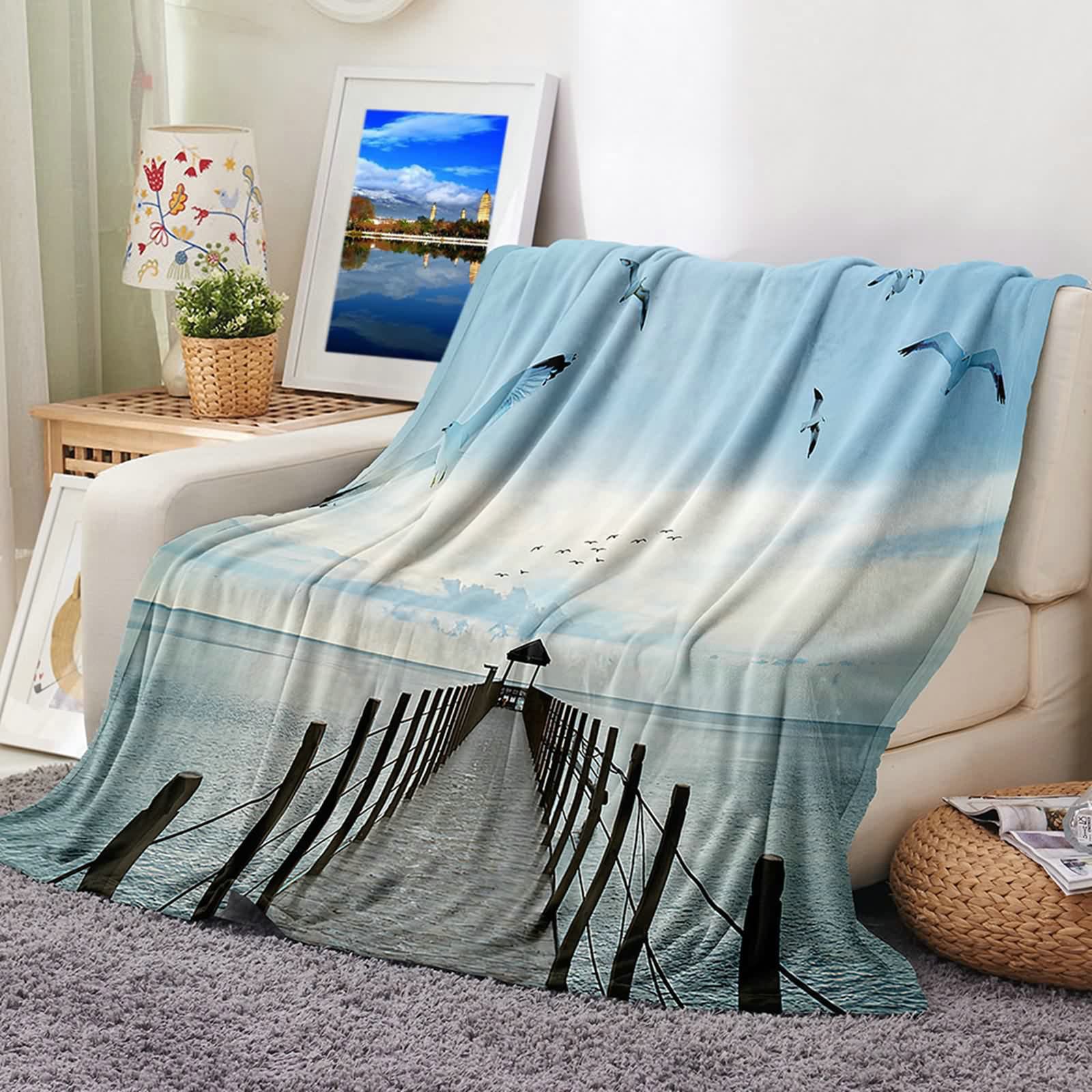 Aeici Koc polarowy, wełniany koc flanelowy 160 x 200 cm promenada nad morzem mewy koc na sofę do salonu łóżko
