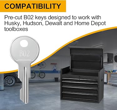 B02 Replacement Keys for Husky Tool Box, 2 Pack, Pre-Cut Code B02, Fits Hudson Dewalt Home Depot Toolboxes