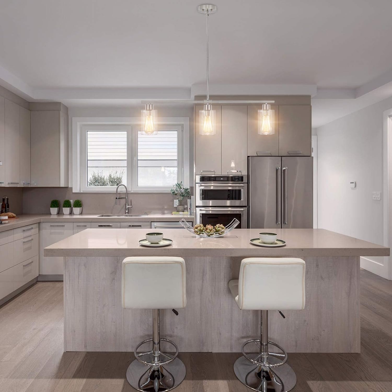 ETONIMERR Brushed Nickel Glass Pendant Lighting Over Island 3 Light Modern Kitchen Pendant Light with Glass Shade Industrial Linear Pendant Lighting for Kitchen Island