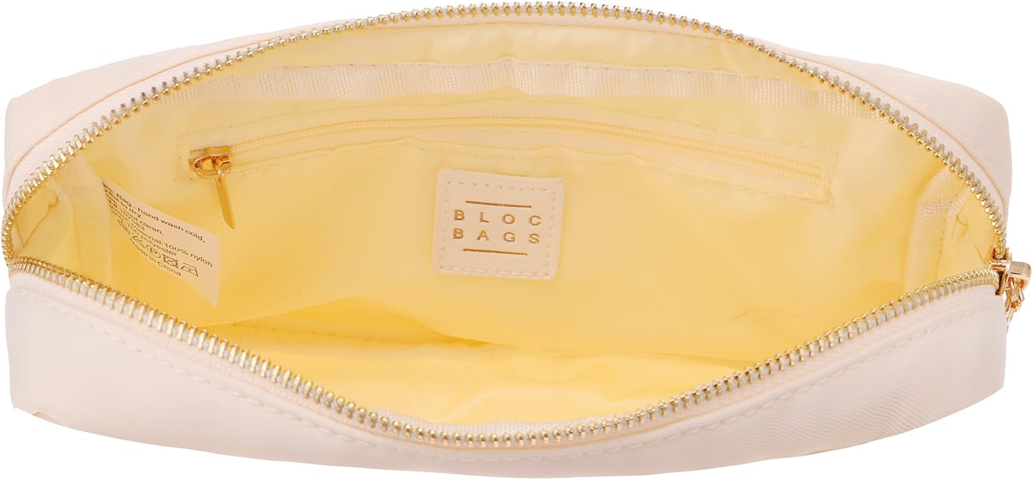 BLOC Bags Travel Makeup Bag, Cosmetic Bags for Women, Medium Cute Toiletry Bag, Make up Bag, Beauty Bag with Chenille Patch and Top Zipper, Inside Zipper Pouch and Mesh Pockets (White Star, Cream)