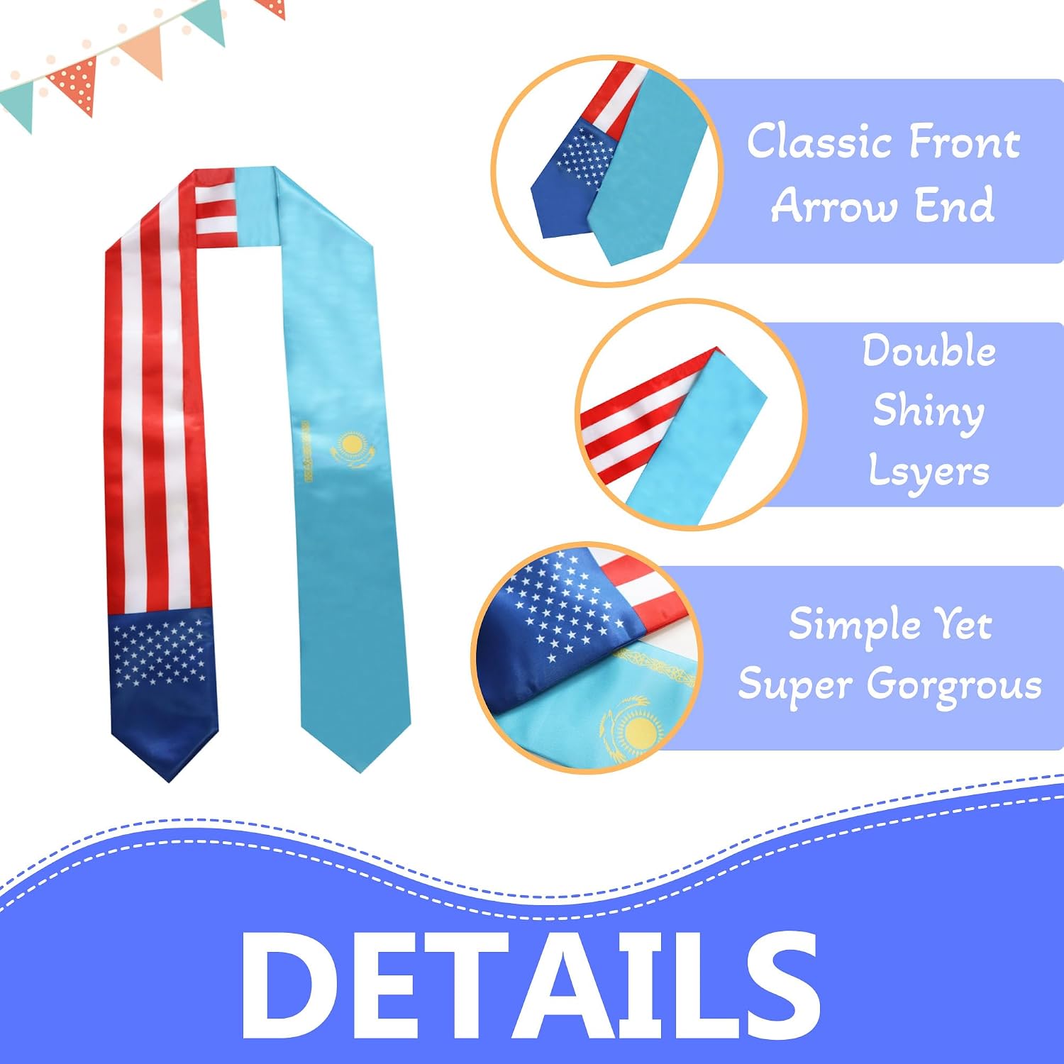 Kazakhstan National & USA Flag Graduation Stole Sash Scarf Double Sided International Student Graduation Decoration Item Gift