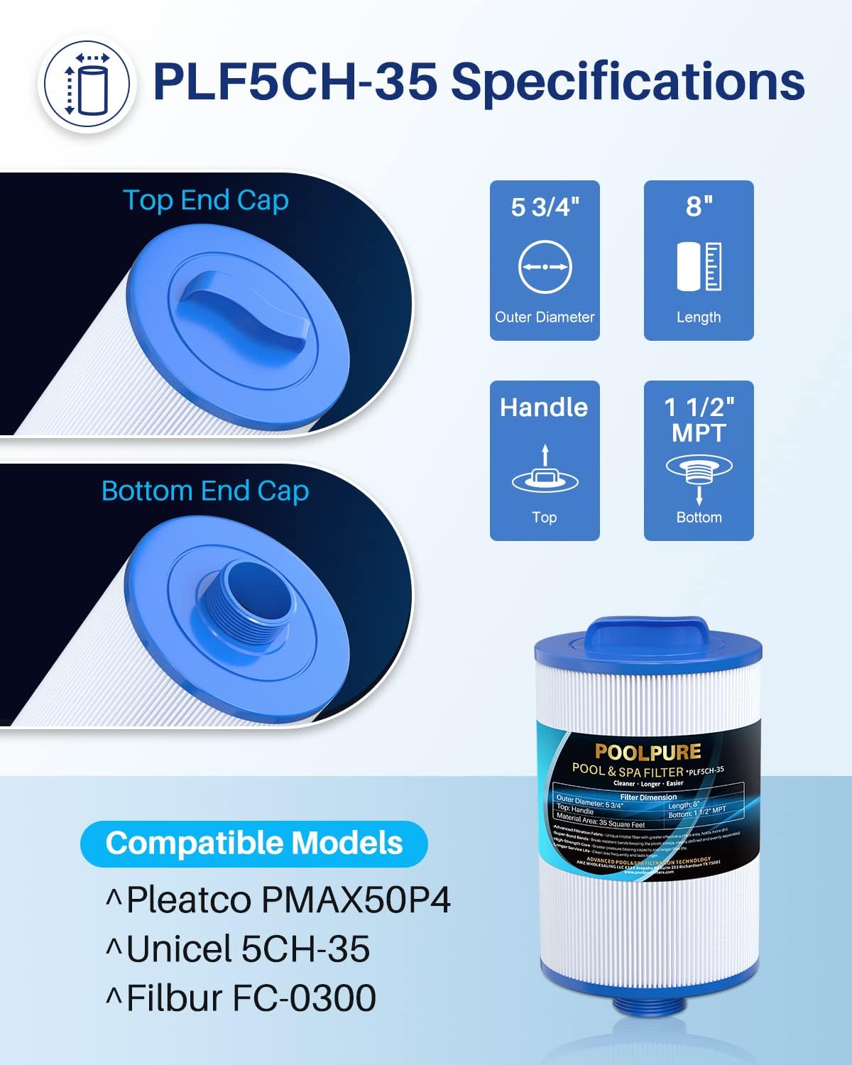 POOLPURE Replacement Filter for PMAX50P4, Unicel 5CH-35,Filbur FC-0300, Baleen AK-90109, Excel Filters XLS-526, Darlly 50353, Pure N Clean PC-0300, SD-00780, SD-00650 Filter Cartridge (1 1/2" MPT) - Image 2