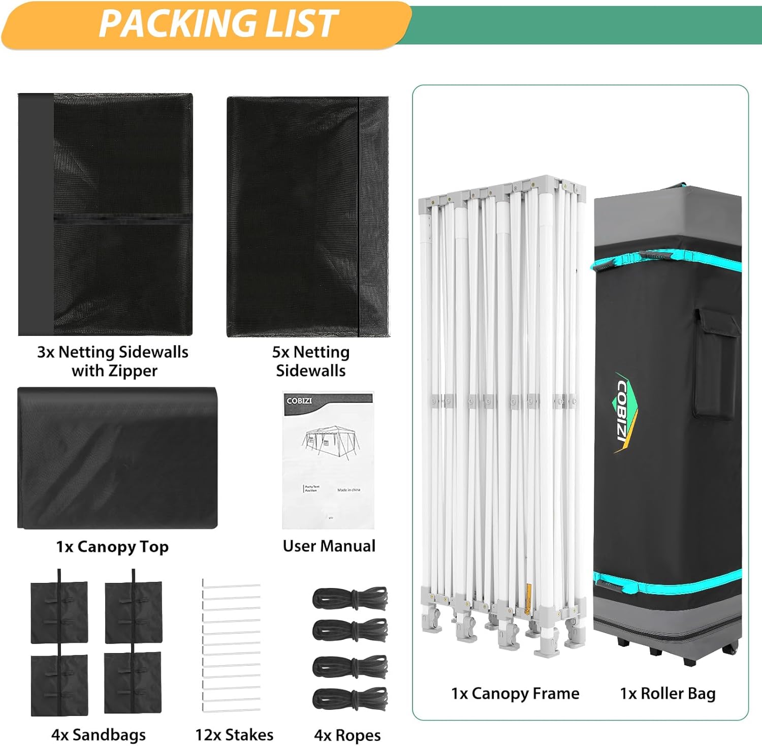 Image showing all components included in the COBIZI 10x30 Canopy Tent package.