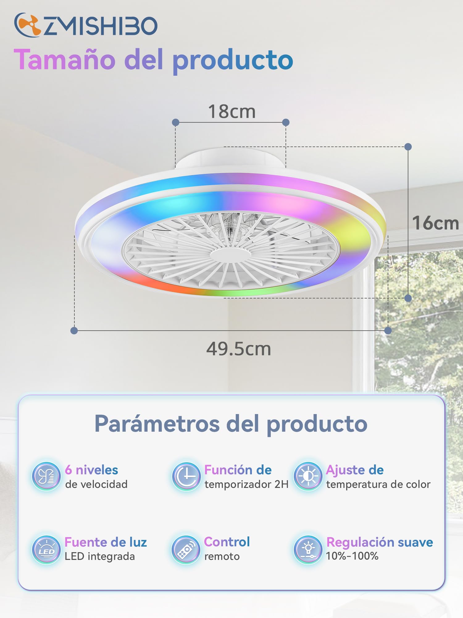 ZMISHIBO Ventilador de Techo con Luz Silencioso 49,5 cm, Ventilador Techo sin Aspas, 32W LED+16W motor DC, 6 velocidades, 3 temperaturas, APP y mando, temporizador, Lámpara Ventilador techo Blanca RGB