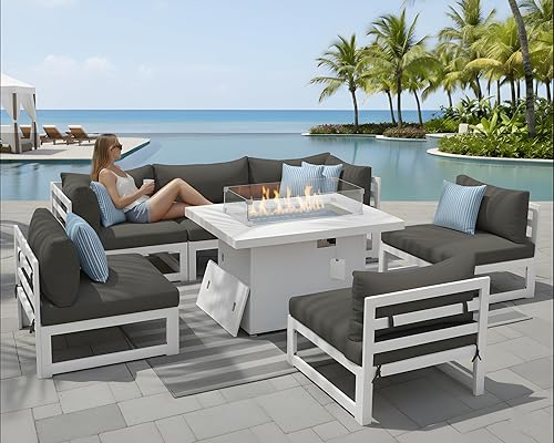 Miniatura 734 de NICESOUL 7 Piece White Powder-Coated Aluminum Patio Furniture with Fire Pit Table, 29 Inch Extra Wide Outdoor Sectional Sofa for 6, High-End Heavy
