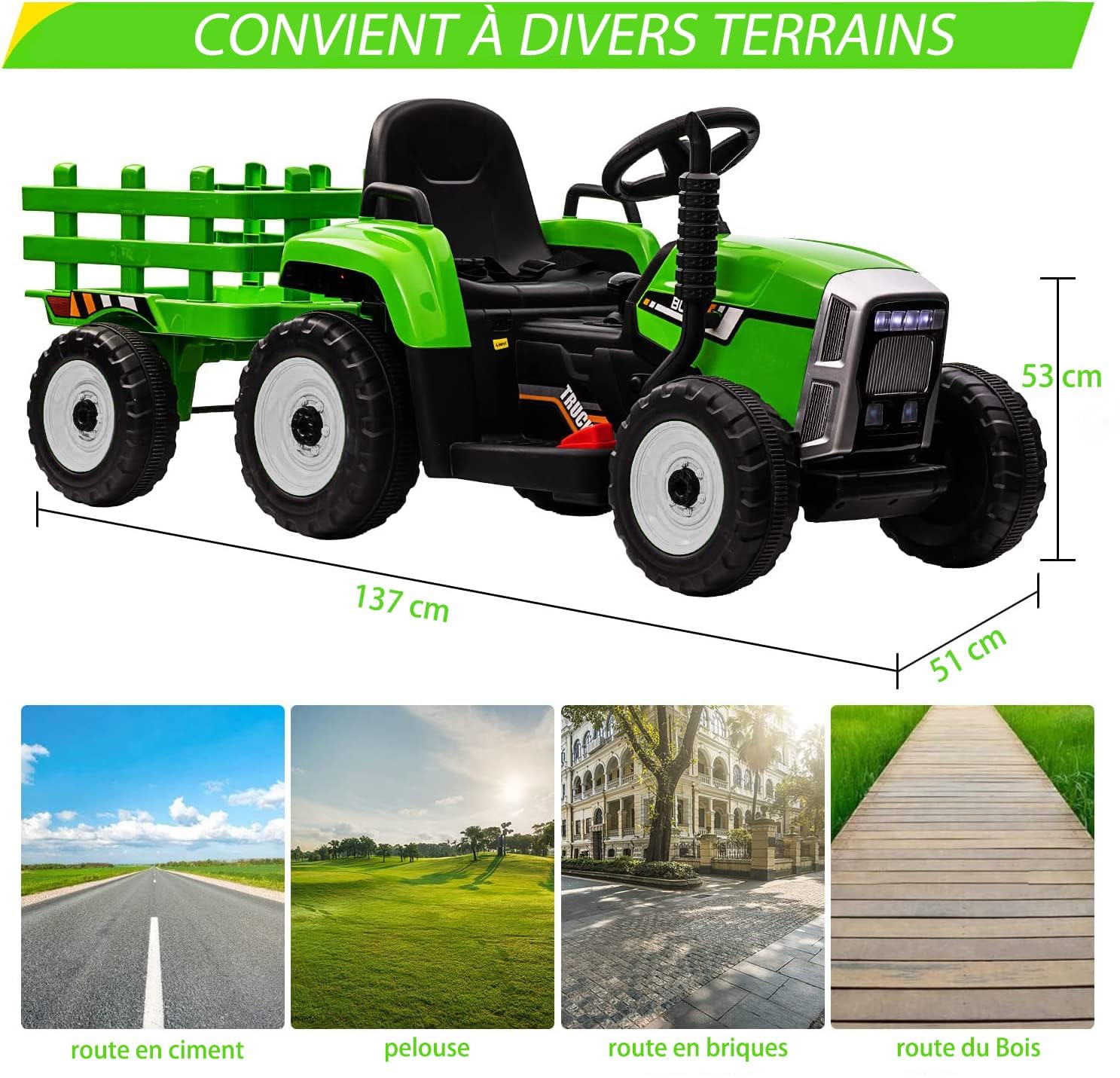 Garvee Trattore Elettrico Per Bambini, Rimorchio Rimovibile, 6 Ruote, Verde | 12V, 2.4G telecomando, Clacson, Musica Integrata, Radio, 3 Velocità, Doppio Motore, Connessione Wireless, Porta USB