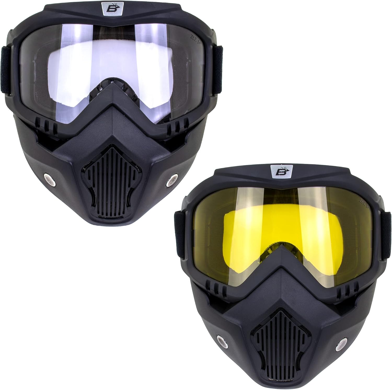 Birdz Eyewear Skylark Motorcycle Goggles Removable Face Mask Black Frames One Pair Clear Lens One Pair Yellow Lens
