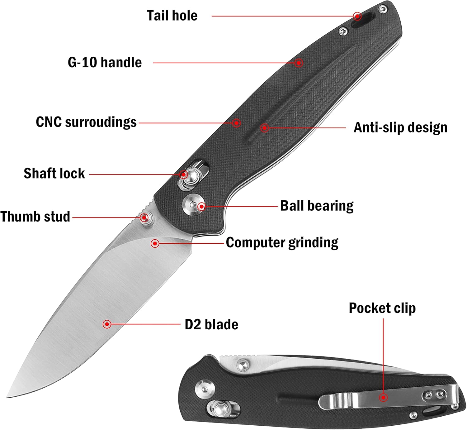 RPG Folding Mini Pocket Knife, Drop Point 3.5" D2 Steel Blade with G10 Handle & Pocket Clip, Sharp EDC Knife for Camping, Hiking, Outdoor Tasks, Gift for Men Women