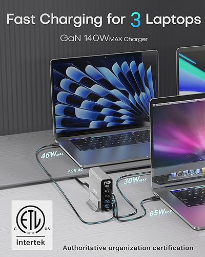 Miniatura 10 de Estación de carga USB C de 140 W con pantalla, bloque de cargador USB C GaN de 5 puertos, cargador USB de 100 W, cargador para portátil compatible