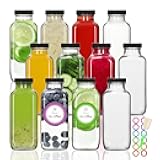 STARSIDE 12 oz Glass Juice Bottles with Lids 12 Pack - Square Reusable Drinking Jars for Juicing, Milk, Kombucha - Includes 1 Bottle Brush, 12 Colored Labels