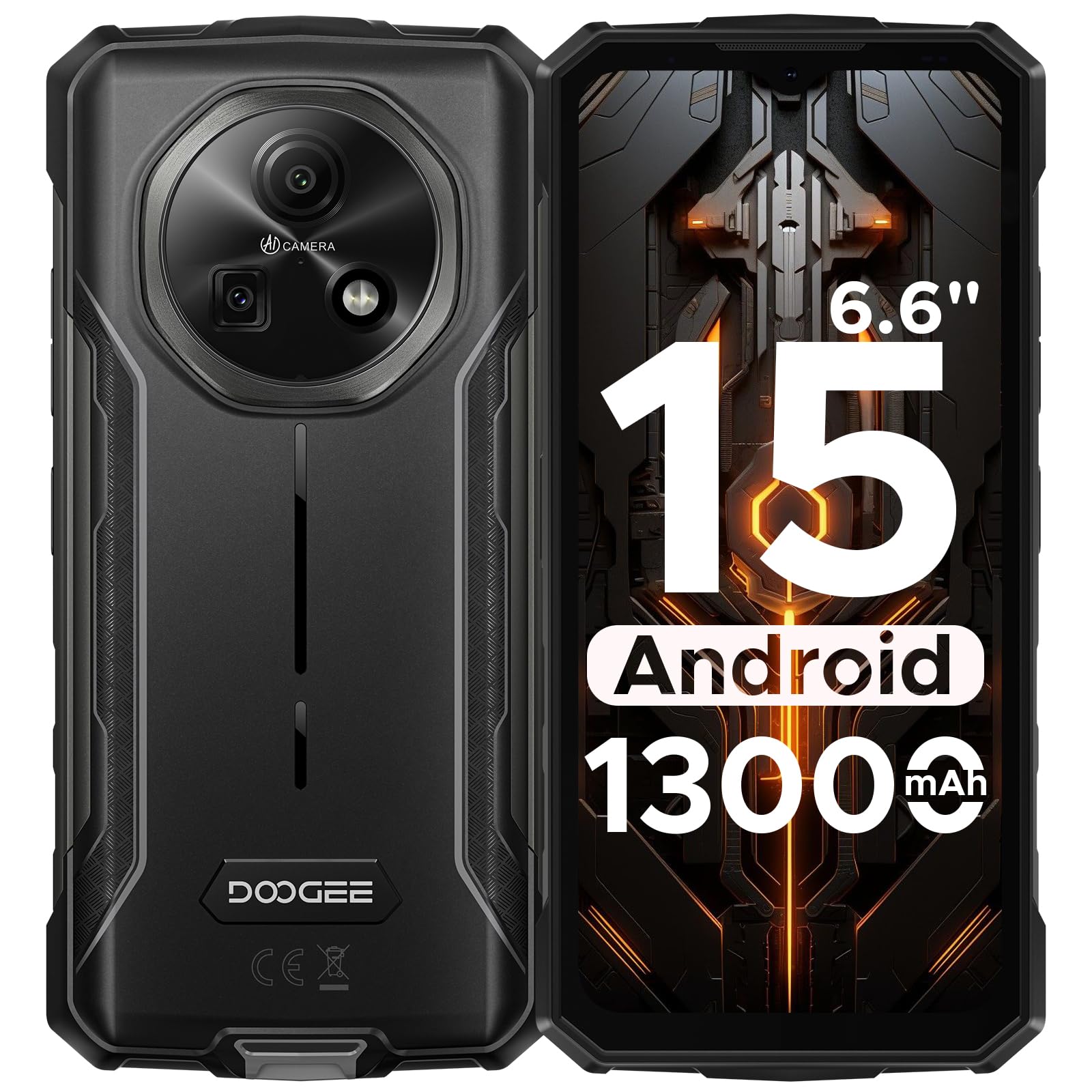 DOOGEE Fire 5 Rugged Smartphone 2025, 13000mAh Android 15 Telefono Indistruttibile, 6.6" 90Hz 12GB+64GB/2TB Octa Core Celluare Antiurto, 13MP+8MP Camera,Face ID/NFC/Triple Card Slot/OTG/GPS/IP68/IP69K