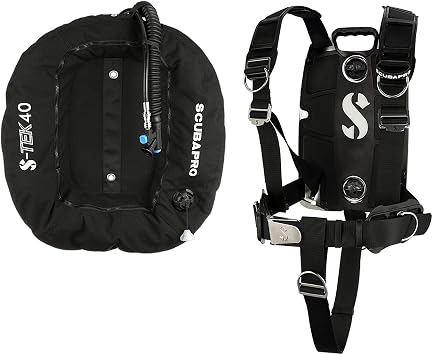 SCUBAPRO S-Tek Pro System for Technical Scuba Diving, Harness with Back Plate in Stainless Steel, Donut Wing 40 lbs/18kg, Includes Black Color Kit