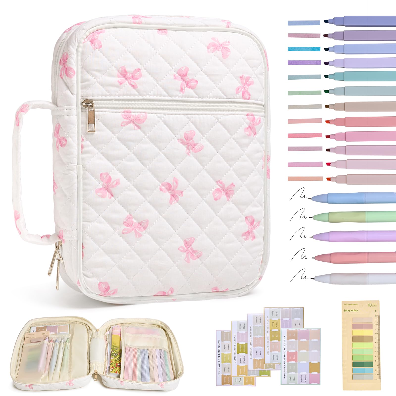 Bible Cover Case for Women Large Bible Cover with Durable Handle Quilted Bible Carrying Case for Girls Bible Study Supplies Accessories (Pink Bow,
