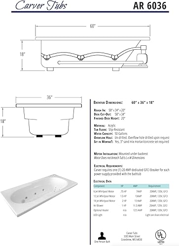 Miniatura 8 de Carver Tubs - AR6036 - Bañera de hidromasaje de acrílico moderna para dos personas, con calefacción 12 Jet - con reposabrazos - Bañera rectangular