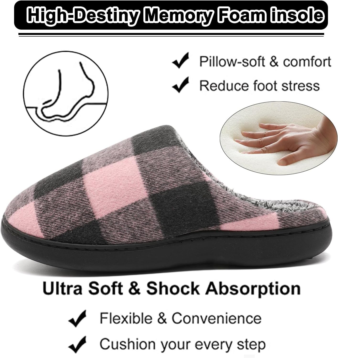 House Slippers for Woman Men, womens Checkered Slippers on House Shoes Cozy Memory Foam Scuff plaid Shoes with Fuzzy Faux Fur Comfortable Non-Slip Warm Fuzzy indoor outdoor - Image 3