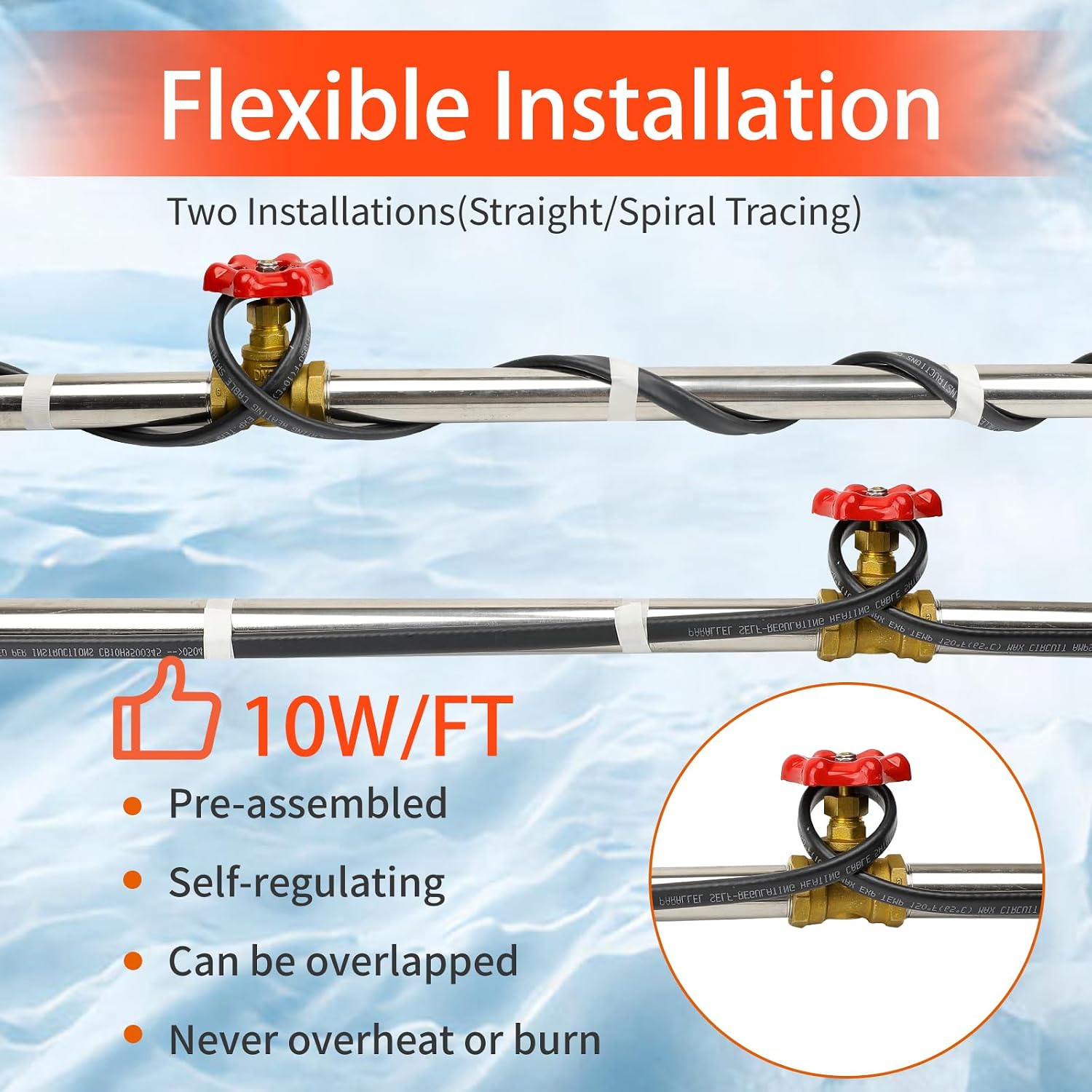 HEATIT PLSR 12ft Self-Regulating Heating Cable, for Pipes & Roofs 208-277V | High-performance, 10W/ft power, pipe freeze protection, roof snow melting, commercial & industrial use, premium quality