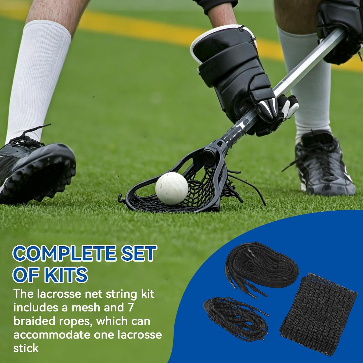 Lacrosse Mesh String Kit, Black Nylon Wear Proof Lacrosse Mesh Piece Woven String with 7 Braided Strings for Lacrosse Stick Accessory, 24.80 * 2.56inch