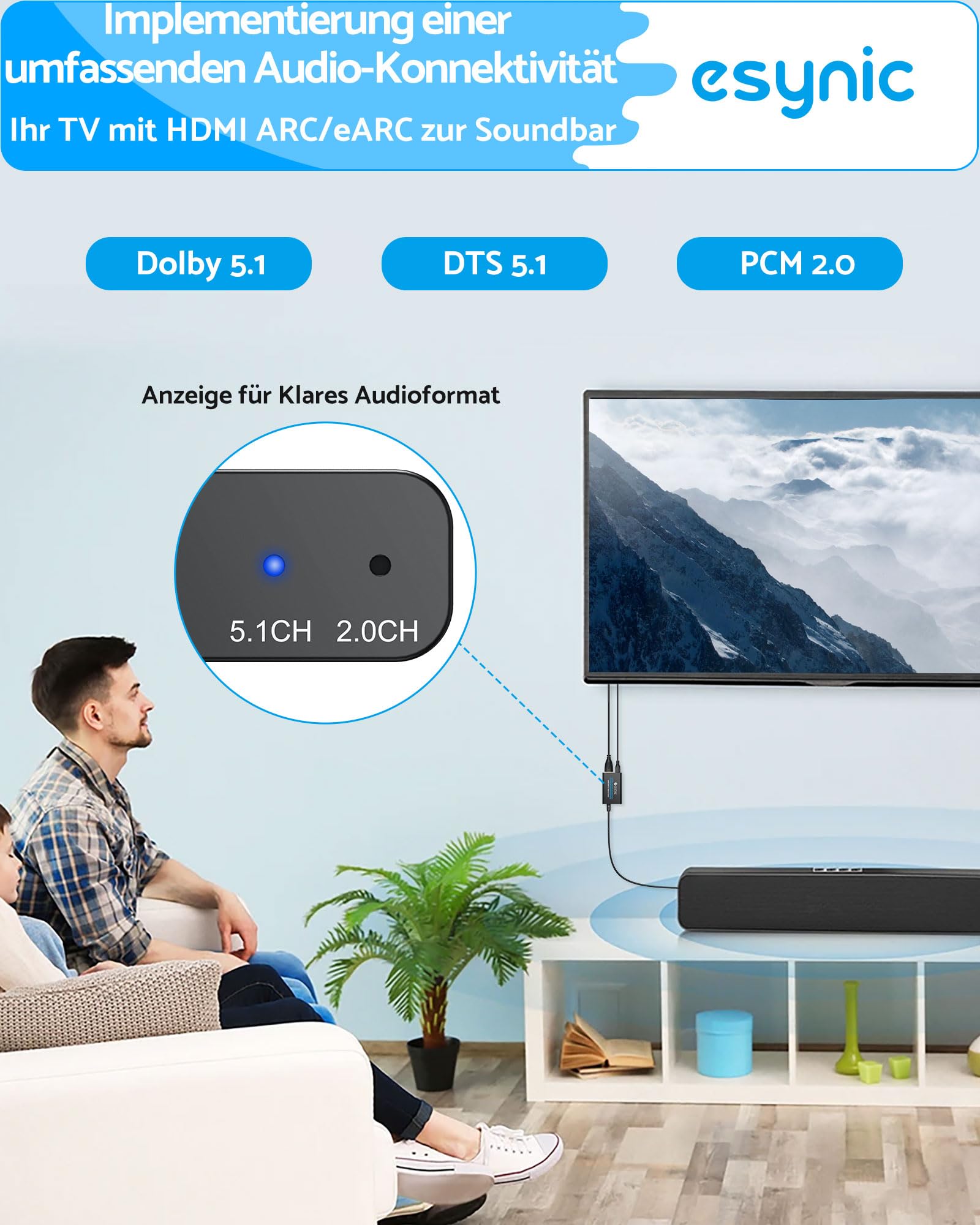 eSynic Professioneller 192 kHz eARC ARC Audio-Extraktor ARC HDMI auf optischen Audio-Extraktor mit HDMI und optischem Kabel, unterstützt 5.0 und 2.0 Audio-Format für HDTV zu Soundbar (muss TV eARC ARC