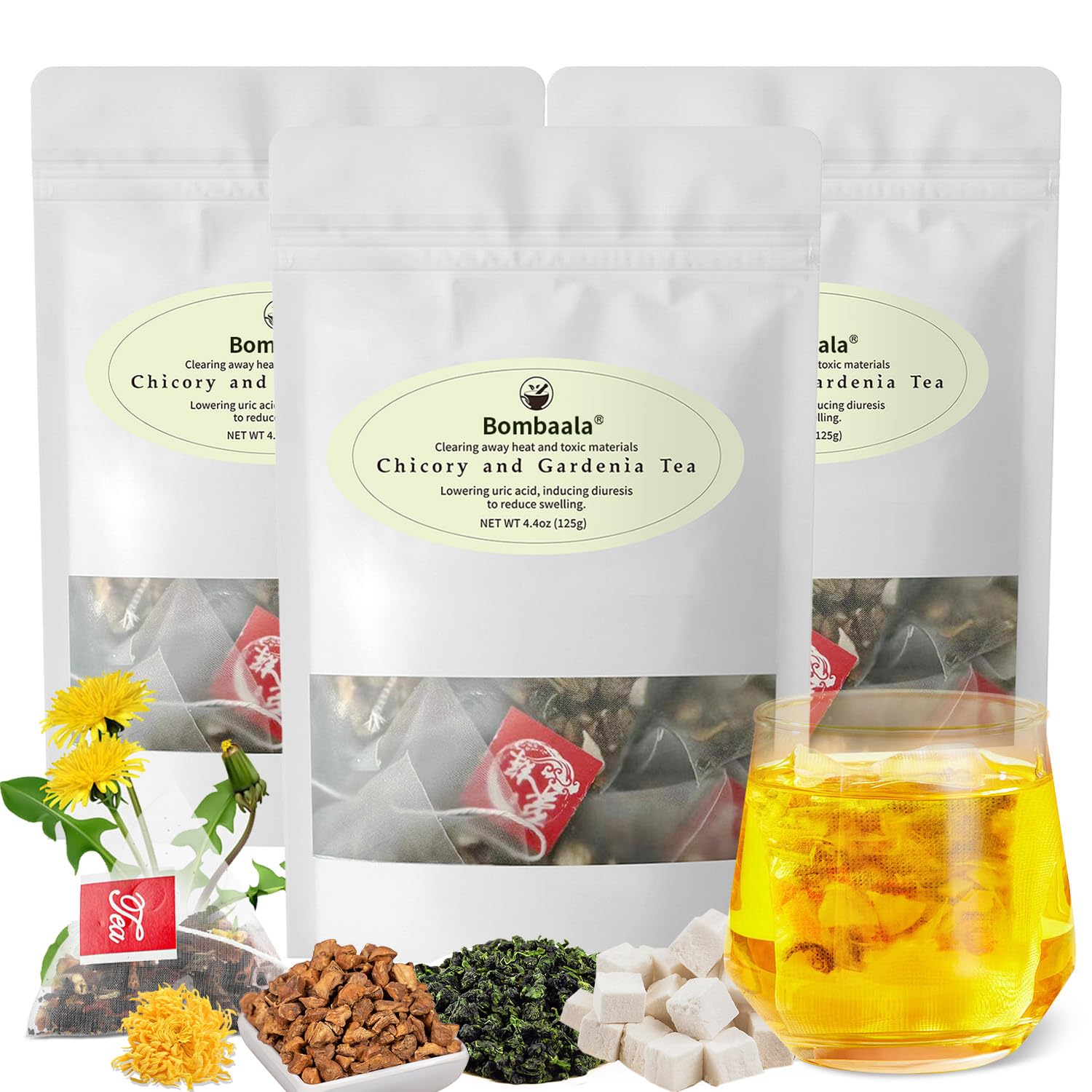 3 Bags Chicory And Gardenia Tea Bags Kidney and Liver Tea chicory root Chinese tea With Tuckaho Gardenia Chicory Cassia Seed Mulberry Leaf Dandelion Burdock root Barley (3 Pack/75 Bags)