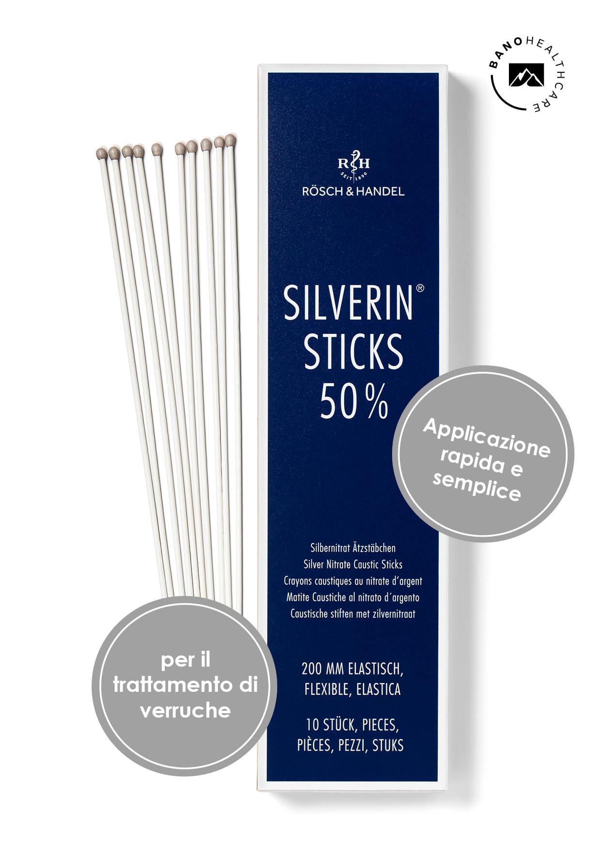 Nitrato d'argento 50% | 200mm elastico | 10 pz. | Per il trattamento della carne selvatica, per il trattamento di verruche e calli, per la cura dello stoma | Rösch und Handel
