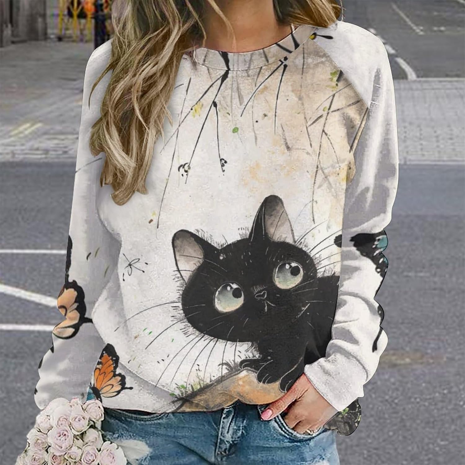 Long Sleeve Shirts for Women Cat Printed Fall Winter Dressy Holiday Casual Fashion Crewneck Tunic Tee Shirts - Image 2