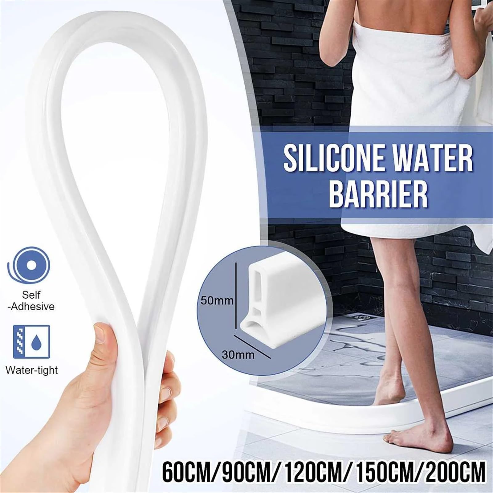 Schwallschutzleiste 50 mm Höhe, Badezimmer-Wasserstopper, Wassertrennwand, Trocken- und Nasstrennung, Hochwassersperre, Gummidamm, Silikon-Wasserblocker für Bad und Küche(200cm)