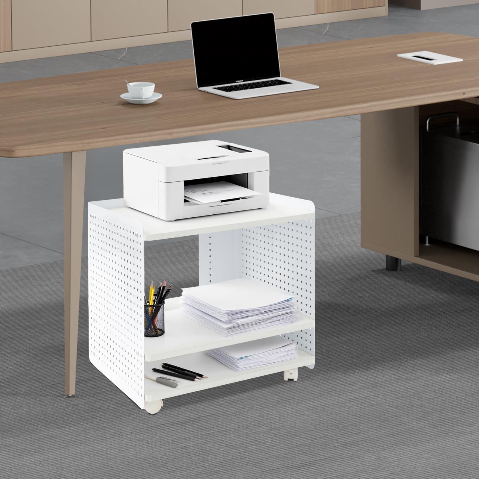 Druckertisch, 50 X 39 X 40cm 3-stufiger Druckerständer, Mobiler Druckerhalter mit Organizer Regal Aktenschrank für Büro Zuhause (weiß)