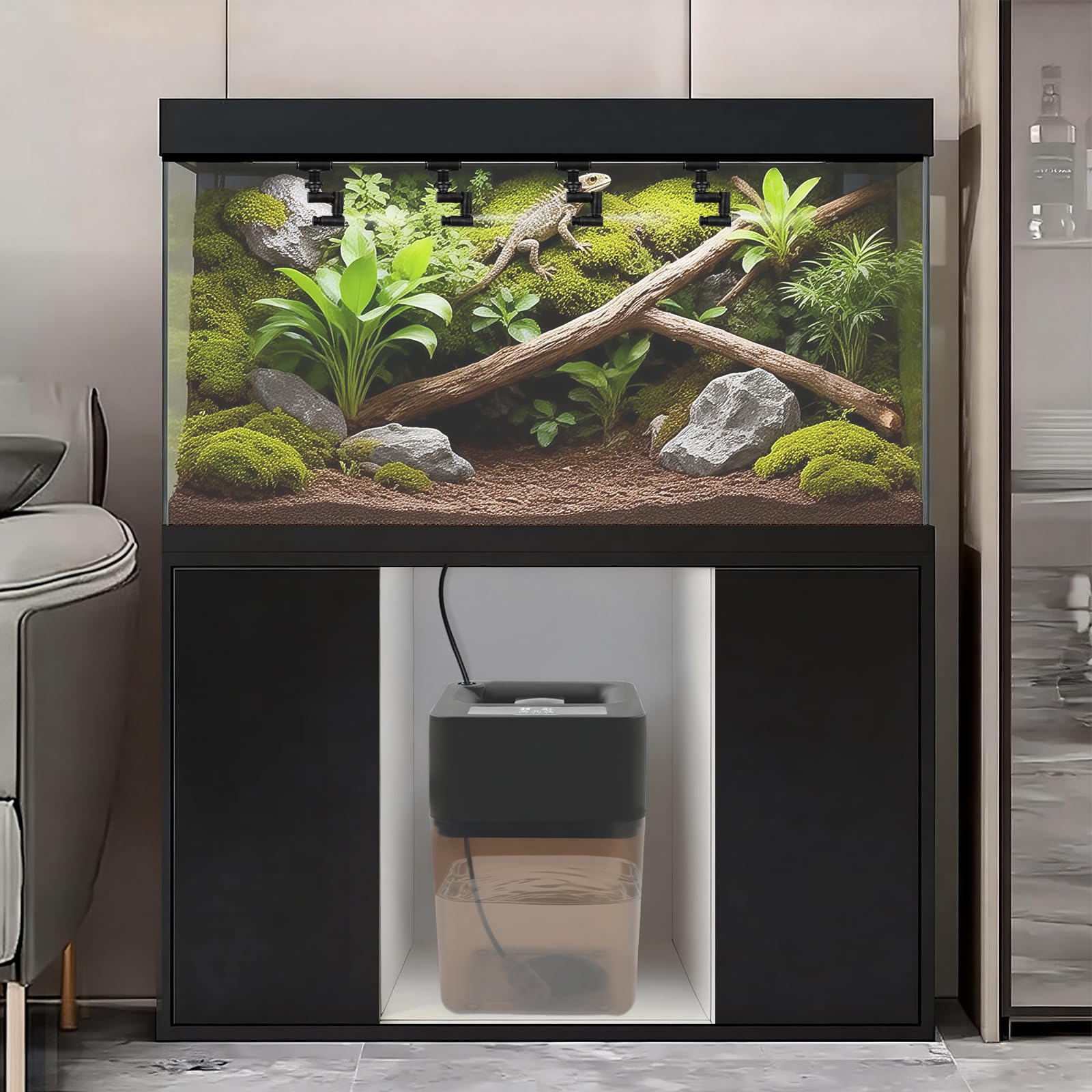 Impianto di irrigazione terrario, nebulizzatore terrario con 4 ugelli, serbatoio acqua da 12 l, 5 – 60 secondi, umidificatore a 360° per rettili anfibi piante
