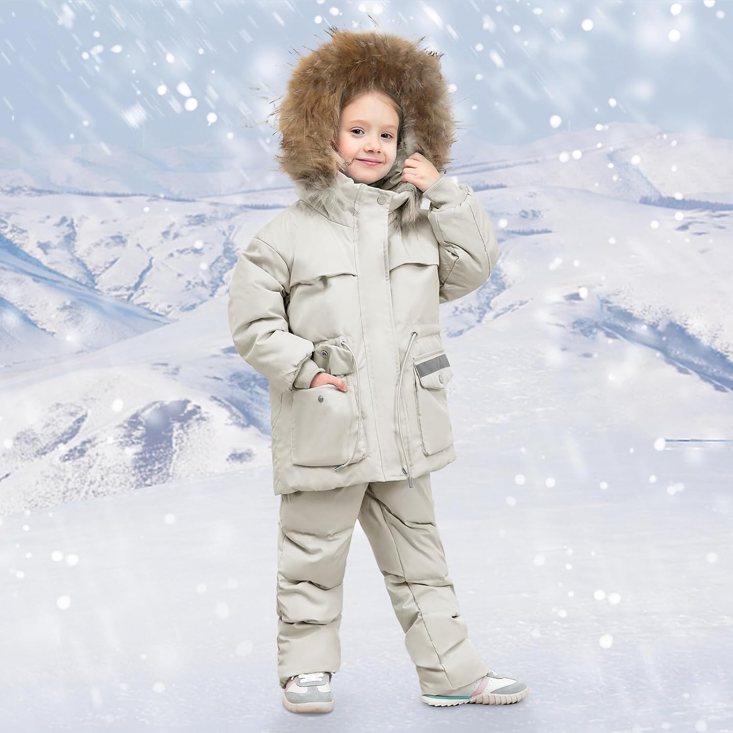 nilikastta Toddler Girls Snowsuit Winter Clothes Baby Girl Down Jacket Kids Hooded Fur Coat + Ski Bib Pants Snow Outfits - Image 3