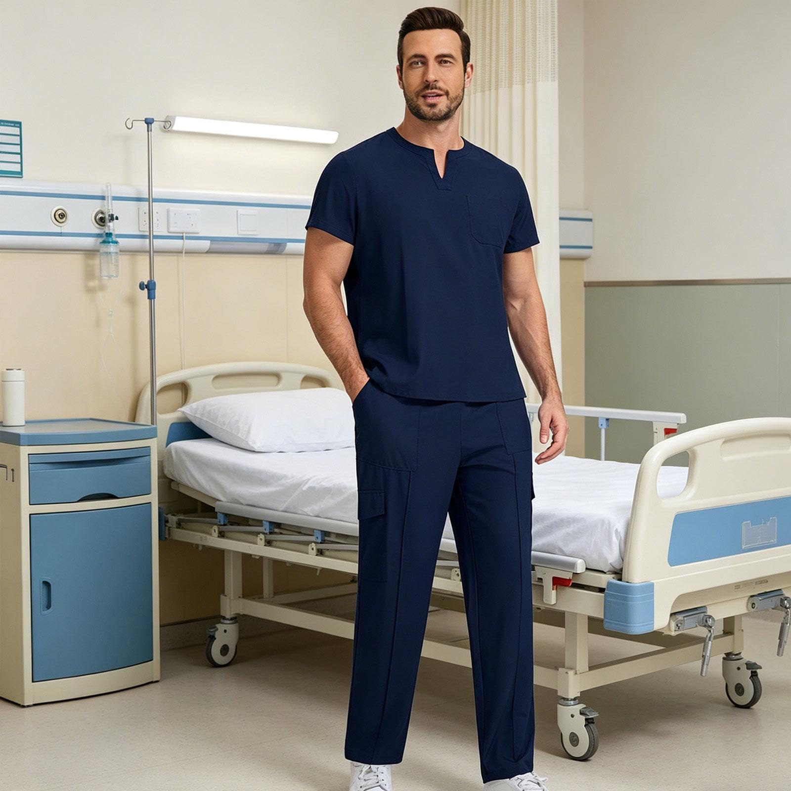 OP Kleidung für Pflegekräfte, Komplettes Set Aus Hemd Und Hose, Herren, Weiches Stretchmaterial mit Verstellbarem Bund, Maschinenwaschbar, Geeignet Fü, Dunkelblau, L