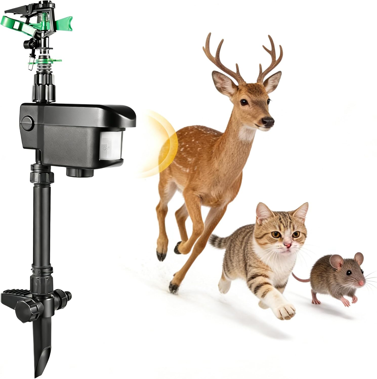 Motion-Activated Sprinkler to Deter Animal Cat, Birds, Dogs Critters Repellent, Solar Powerd Garden Motion Sensor Water Sprinkler with 3 Sensing Distance and 120° Fan-Shaped Sensing