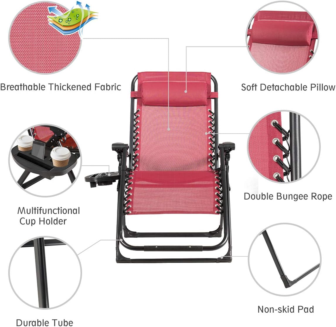 Goplus Oversized Zero Gravity Chair, XL-Extended Version, Outdoor Recliner w/Cup Holder & Detachable Headrest, Foldable Mesh Lounge Chairs for Patio Pool Porch & Deck, 500LBS (Wine)