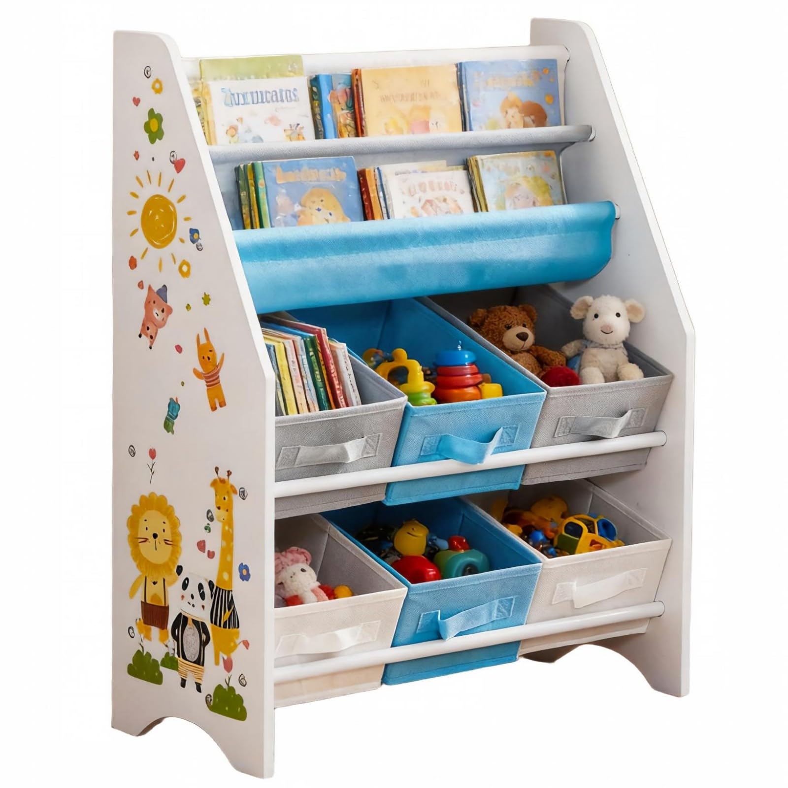 Kids Book and Toy Organiser Storage Shelf for Nursery, Blue Animal Sticker