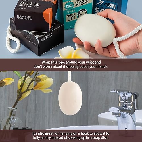 Miniatura 3 de LIARTY 4 jabones en una cuerda, jabón en barra natural para hombres, jabones de baño a granel para cara, manos, cuidado corporal, fácil de colgar,