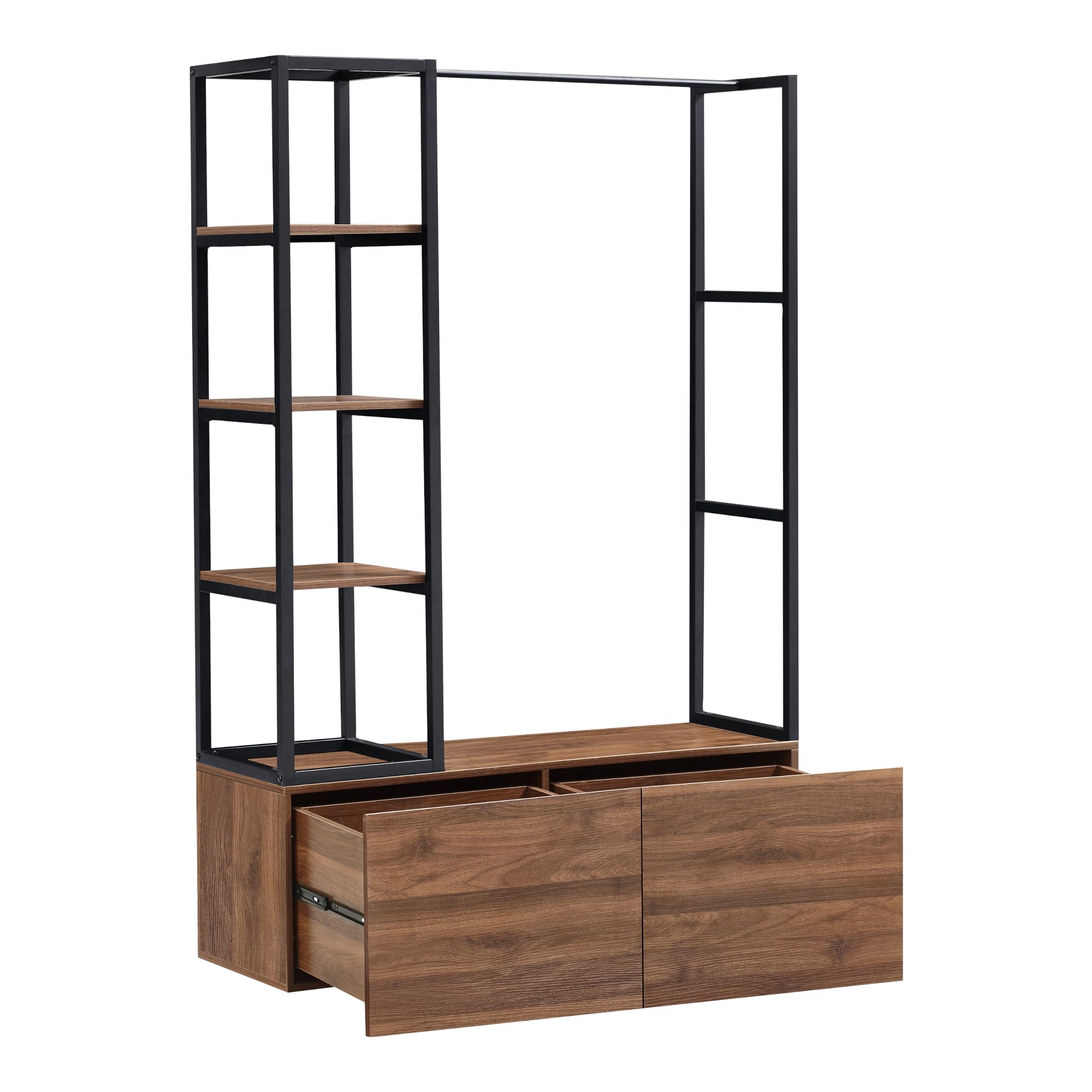 [en.casa] Armadio Aperto per Guardaroba Porta Abiti da Camera Appendiabiti da Terra 180 x 120 x 40 cm Mobile Organizzatore con Cassetti Ripiani e Asta Barra - Color Noce/Nero