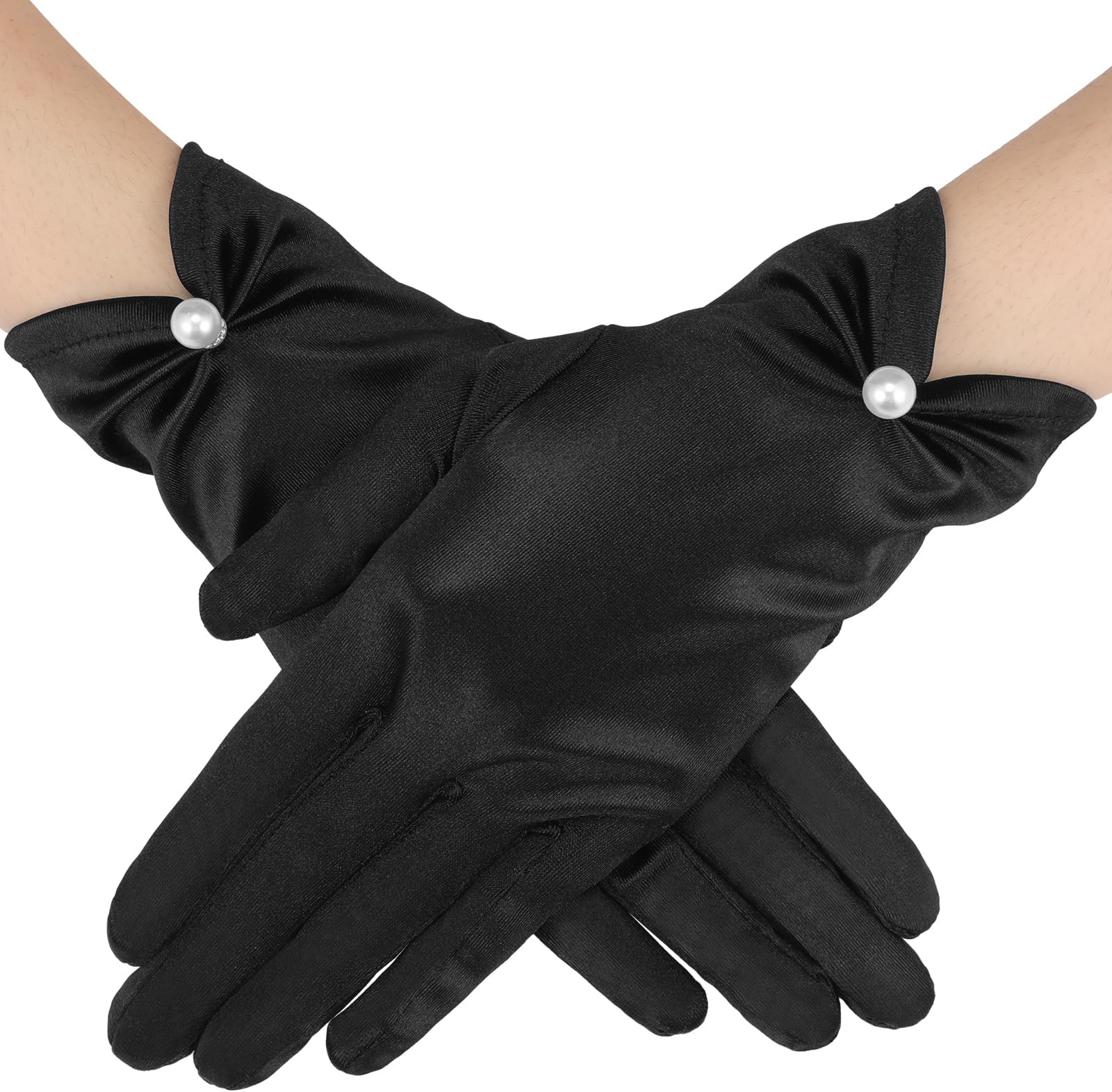 Short Satin Gloves Women Wrist Pearl Tea Party Gloves 1920s Flapper Accessories for Funeral Wedding Banquet