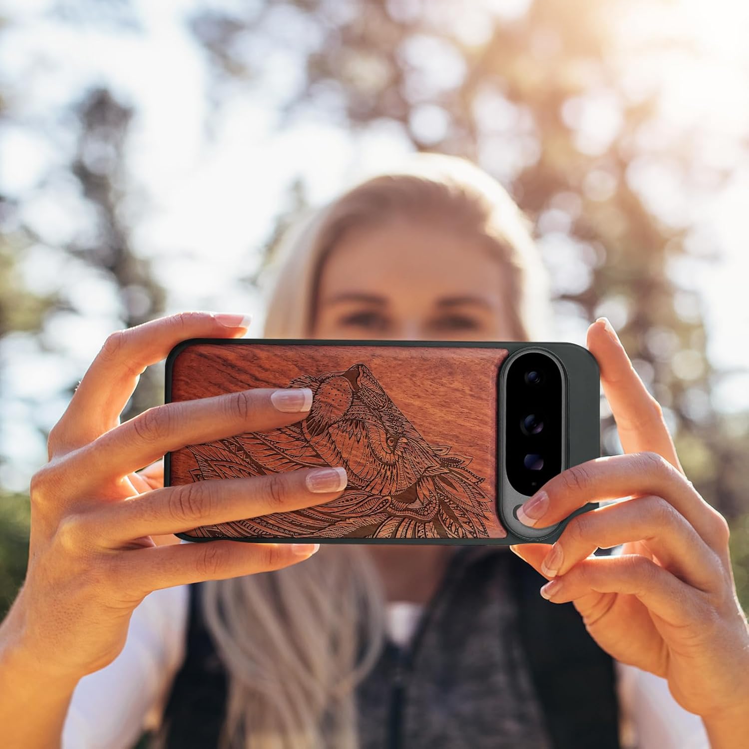 Carveit Magnetic Wooden Case for Google Pixel 10 / Pixel 10 Pro Case, Wood Artisan Engraved & Soft TPU Shockproof Cover, Compatible with MagSafe Wireless Chargers (The Ornate Lion's Head) Rosy