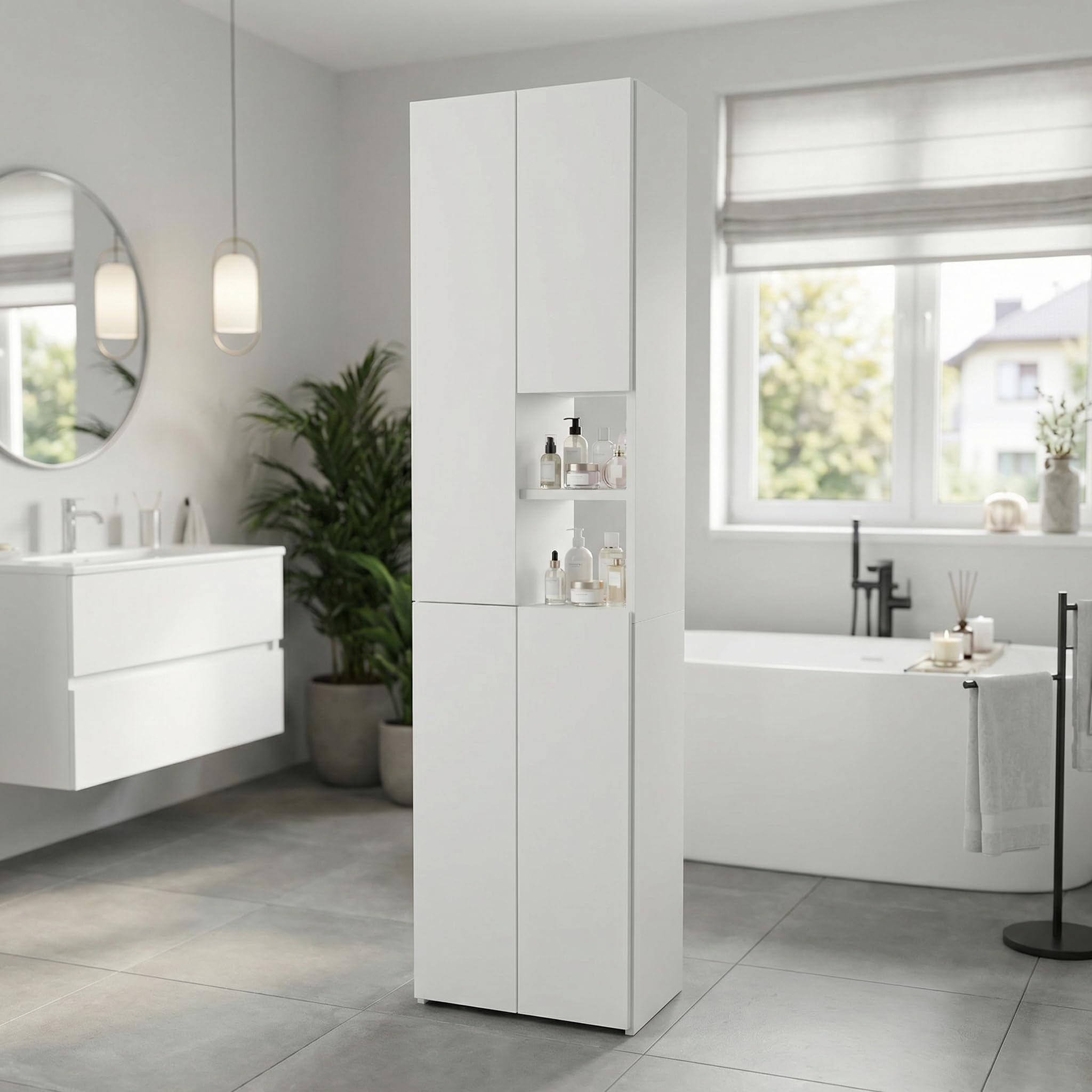 Badschrank Hochschrank schmal stehend | Badezimmer Regal mit Stauraum | platzsparender Badezimmerschrank | Weiß