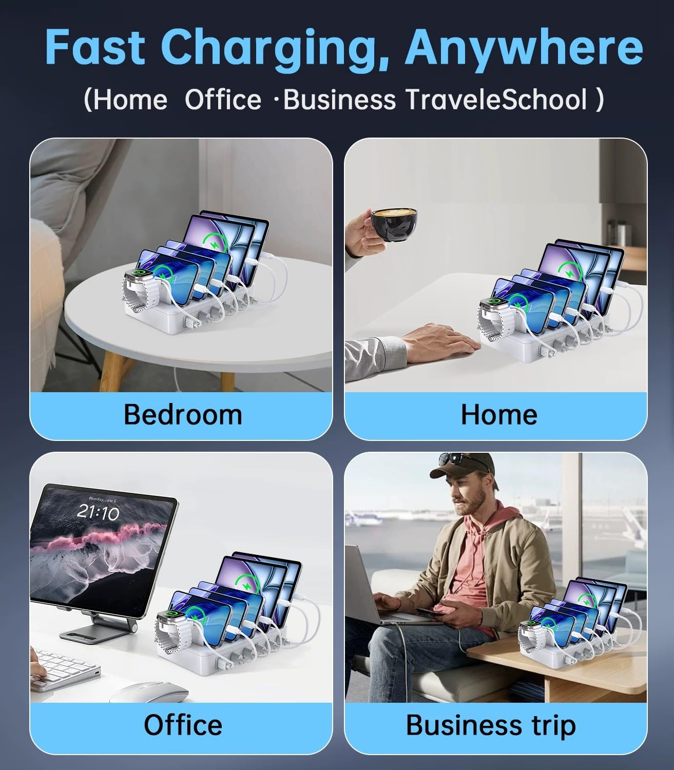 Estación de carga PD para varios dispositivos de 96 W, 6 puertos USB C estación de carga con 3 PD 20 W USB-C Multi cargador para teléfono móvil, tablet y otros