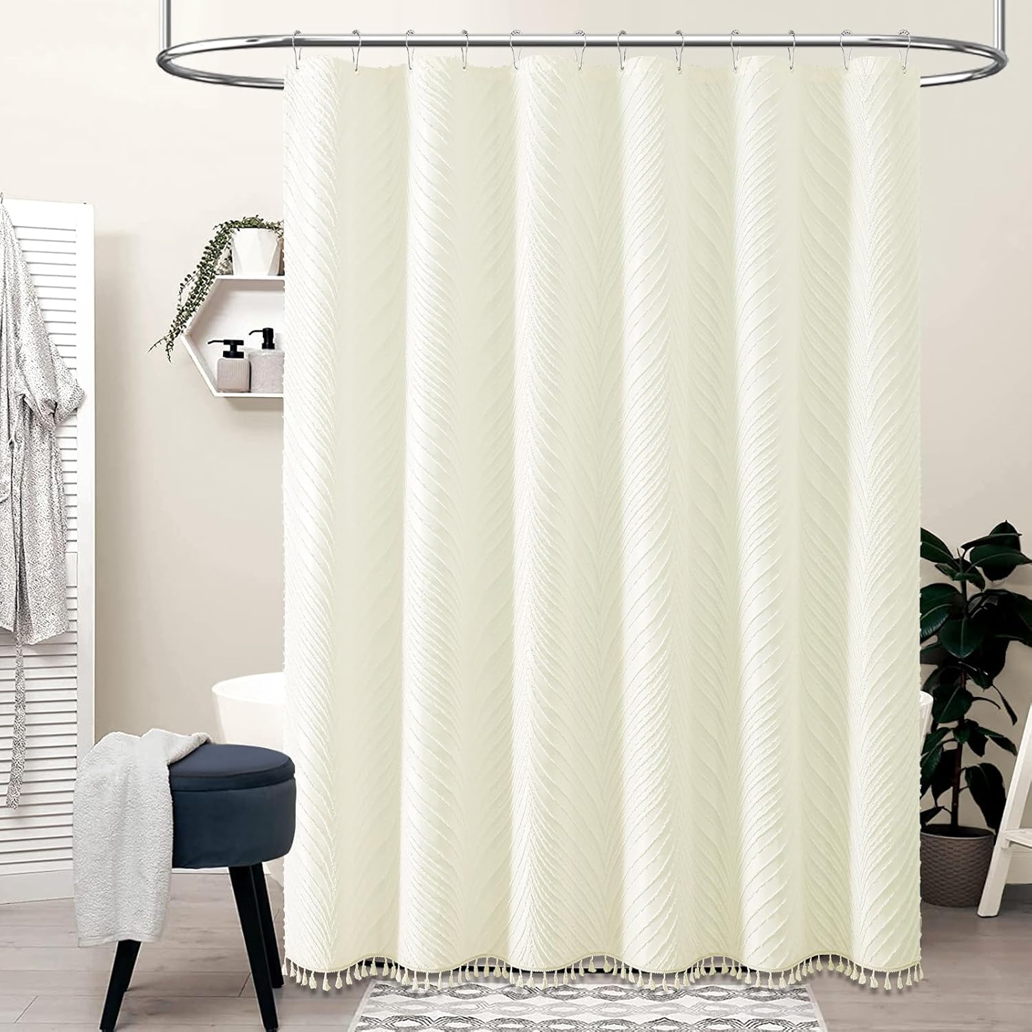 BTTN Boho Long Shower Curtain - 72x78 Tufted Leaves Textured Striped Tassel Shower Curtain Set with 12 Plastic Hooks, Water Repellent, Modern Farmhouse Luxury Shower Curtains for bathroom, Cream/Beige